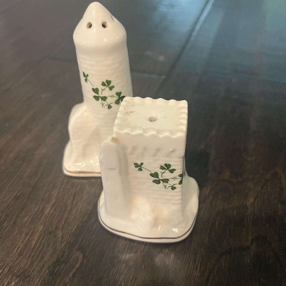 White Ceramic Salt and Pepper Shakers with Green Clover Design